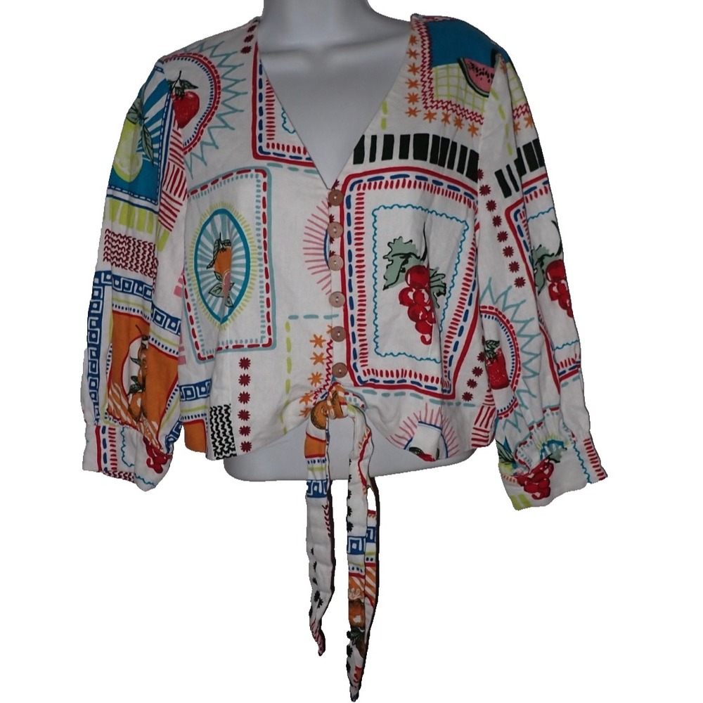 Joie Crop Top Womens Medium Linen Fruit Tropical Floral Cropped‎ Bright V neck